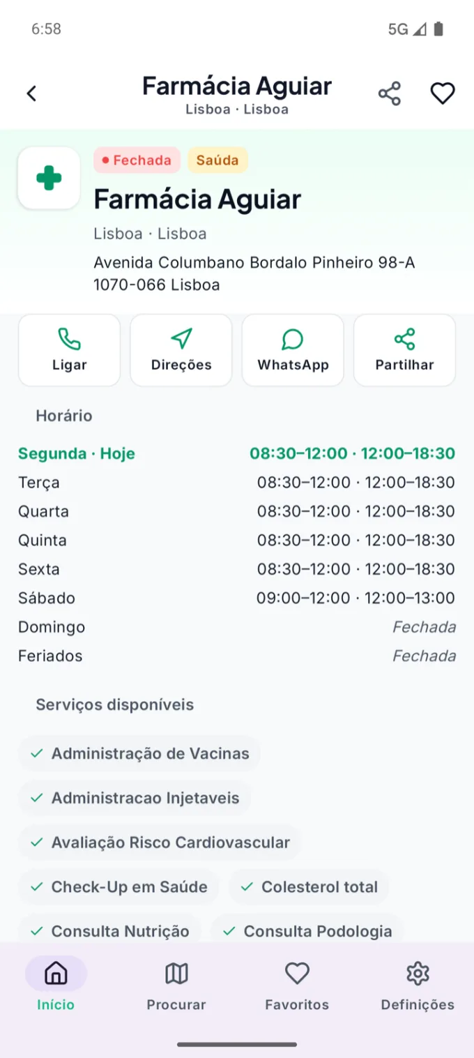 FarmaPerto pharmacy app — pharmacy details, hours and services