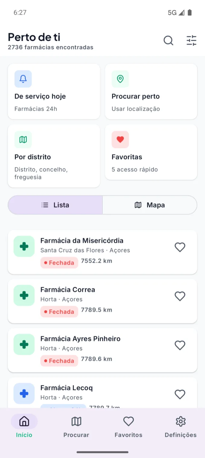 FarmaPerto app home screen — find pharmacies near you