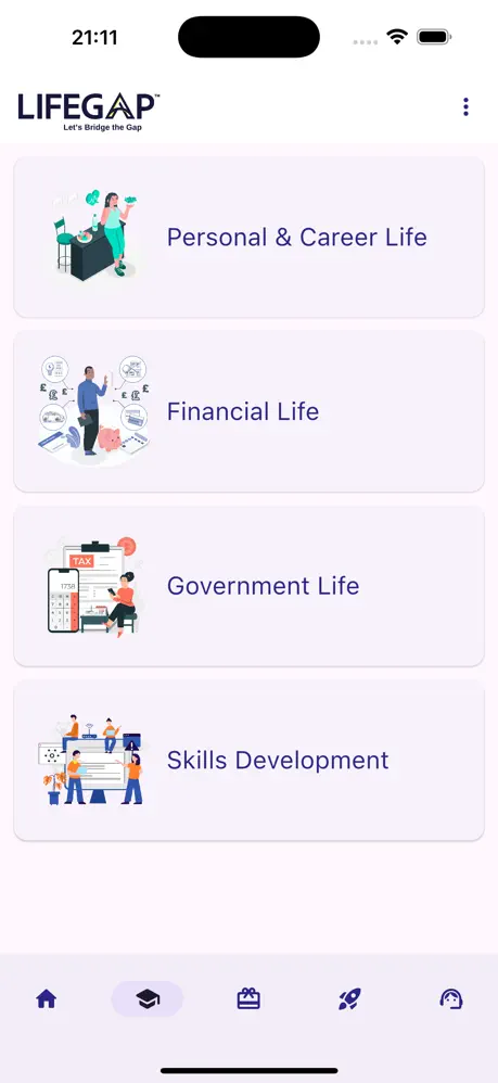 LifeGap app — life-skills learning categories