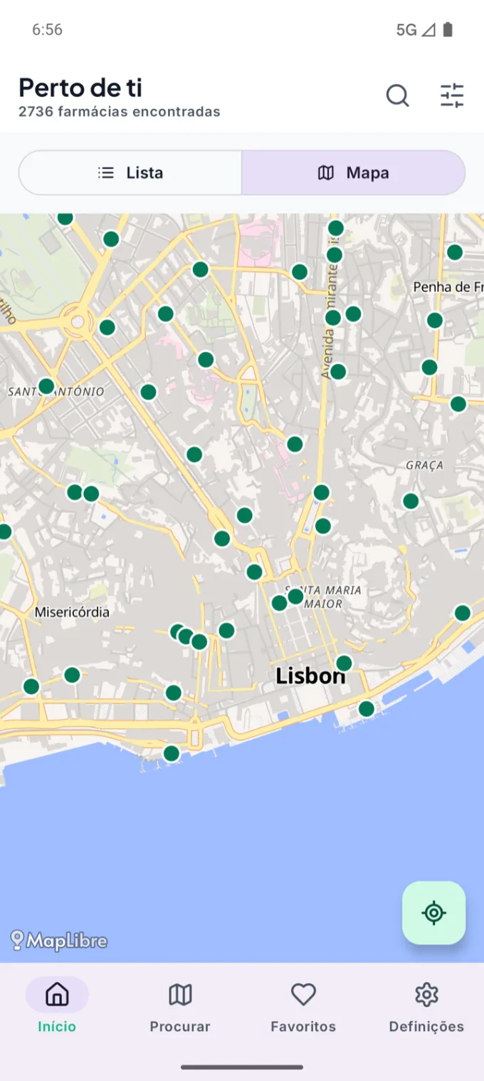 FarmaPerto app map view — pharmacies plotted nearby